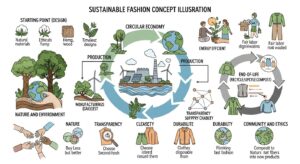 Illustration of sustainable women's fashion featuring eco-friendly clothing and accessories
