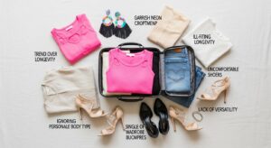 Illustration of women's fashion capsule-wardrobe mistakes: mismatched outfits and cluttered closet