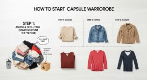 Women's fashion capsule wardrobe flatlay illustration with clothing, beauty items and accessories