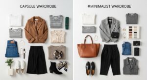Featured illustration comparing women's capsule and minimalist wardrobe styles and accessories