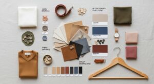 Illustrated women's capsule wardrobe color palette with fashion, beauty and accessory items