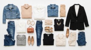 Illustration of women's fashion capsule wardrobe with versatile clothing, beauty and accessory essentials