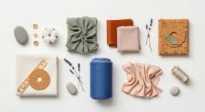 Illustration of sustainable fabric swatches and eco-friendly accessories for women's fashion