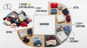 Illustration of a woman decluttering a women's fashion wardrobe with clothes, shoes and accessories