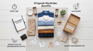 Illustration of a women's capsule wardrobe with interchangeable outfits, shoes and accessories