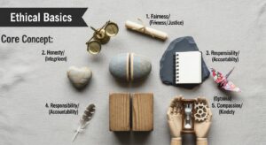 Illustration of women's fashion basics: ethical neutral-toned wardrobe essentials and accessories