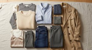 Women's seasonal capsule wardrobe illustration: clothing, shoes and accessories